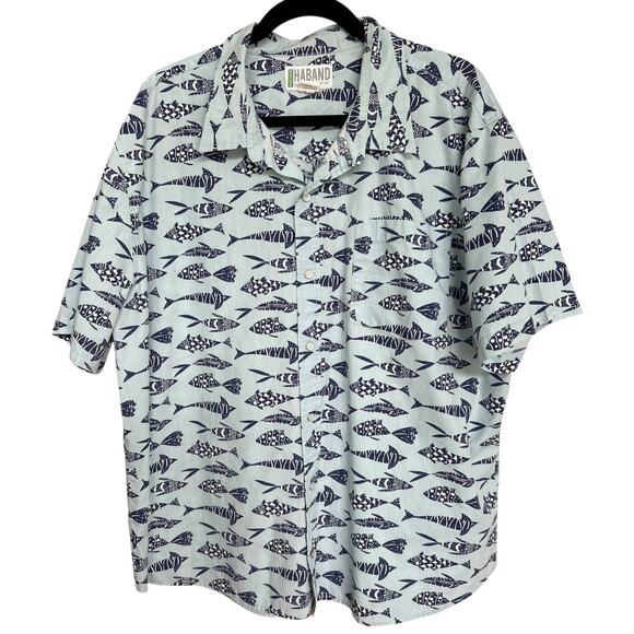 HABAND Men's Blue Fish Camp Shirt Size XL Snap Closure Cruise Vacation Resort - Picture 1 of 6